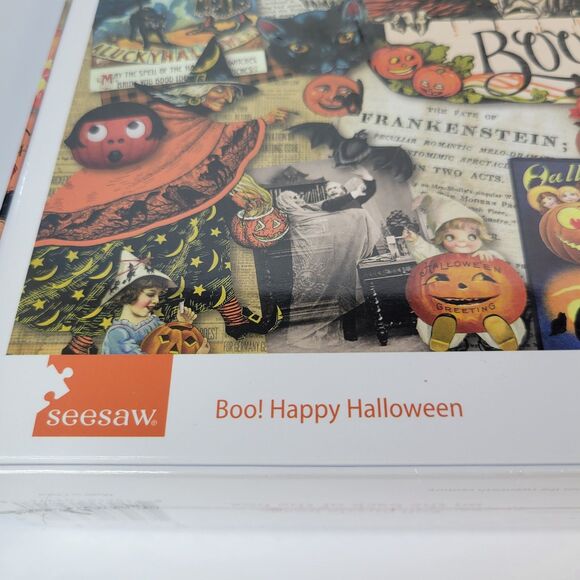 Seesaw Boo Happy Halloween 1000pc Jigsaw Puzzle Retro Vtg Style Collage Art Cats - Picture 7 of 11